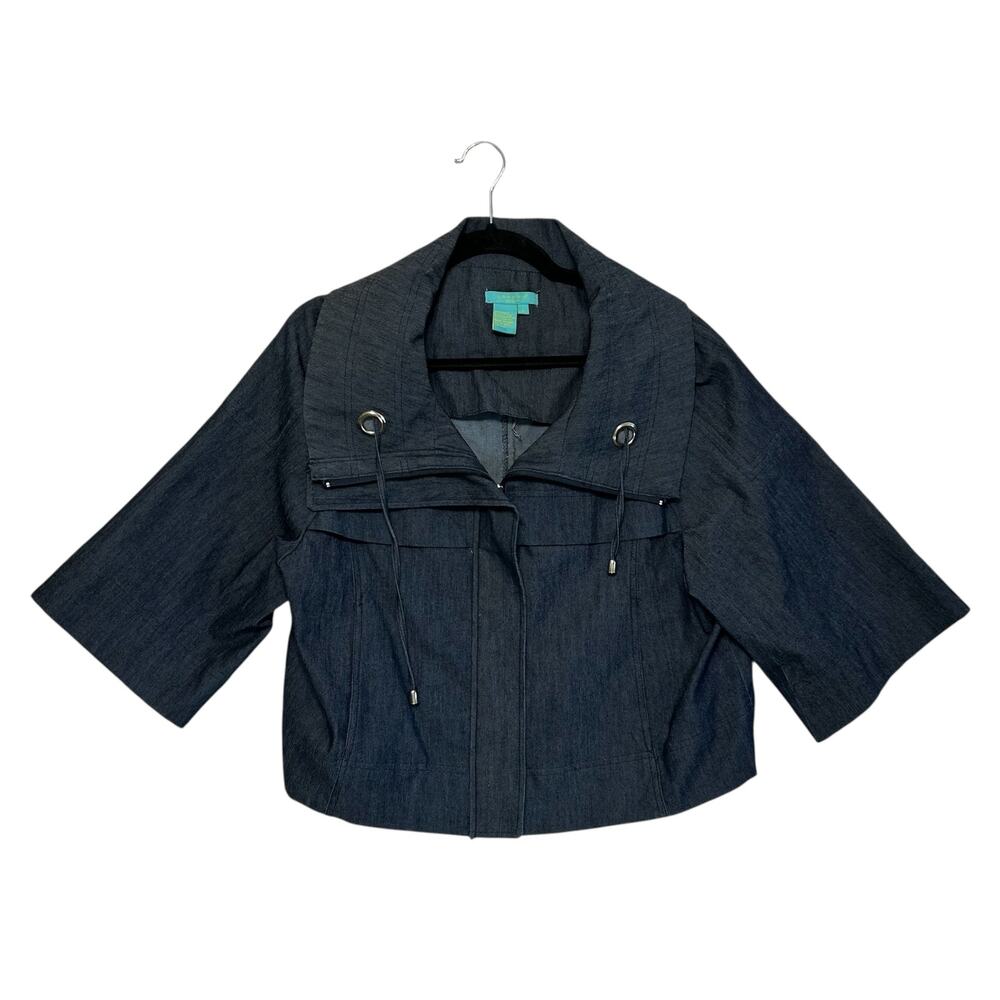 Sandro Sportswear Cropped Denim Jacket Women's Sz L Dark Wash Chic Y2K Nautical